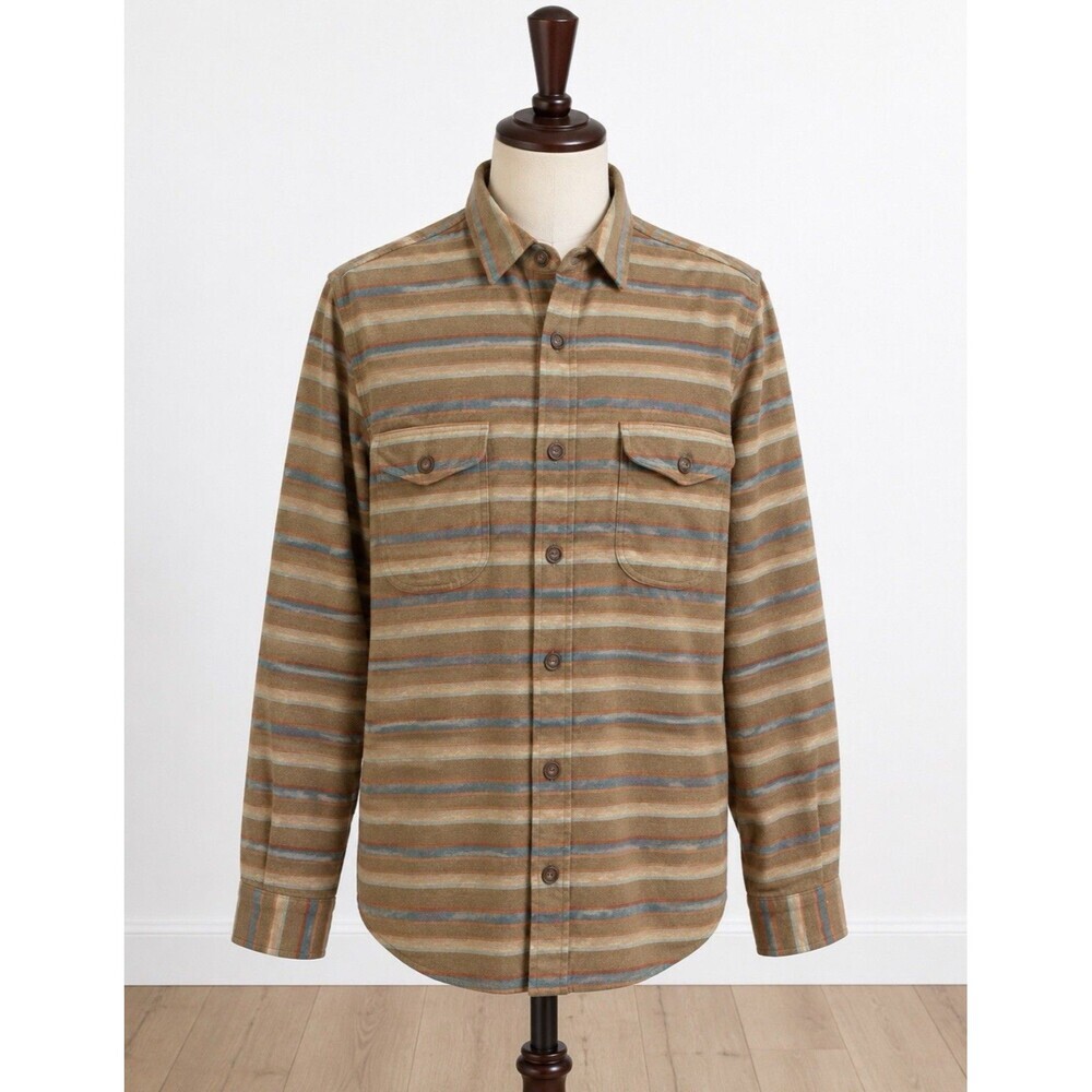 Vissla Med Organic Cotton Flannel Shirt Brown Blue Stripe Button Front Camp Farm